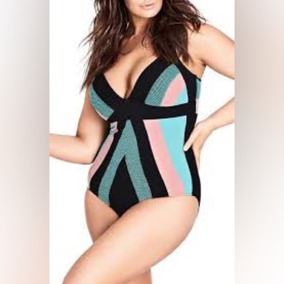 City Chic Color Block 1 One Piece Swimsuit Plus Size 16 Beach Pool Coastal - Picture 6 of 6